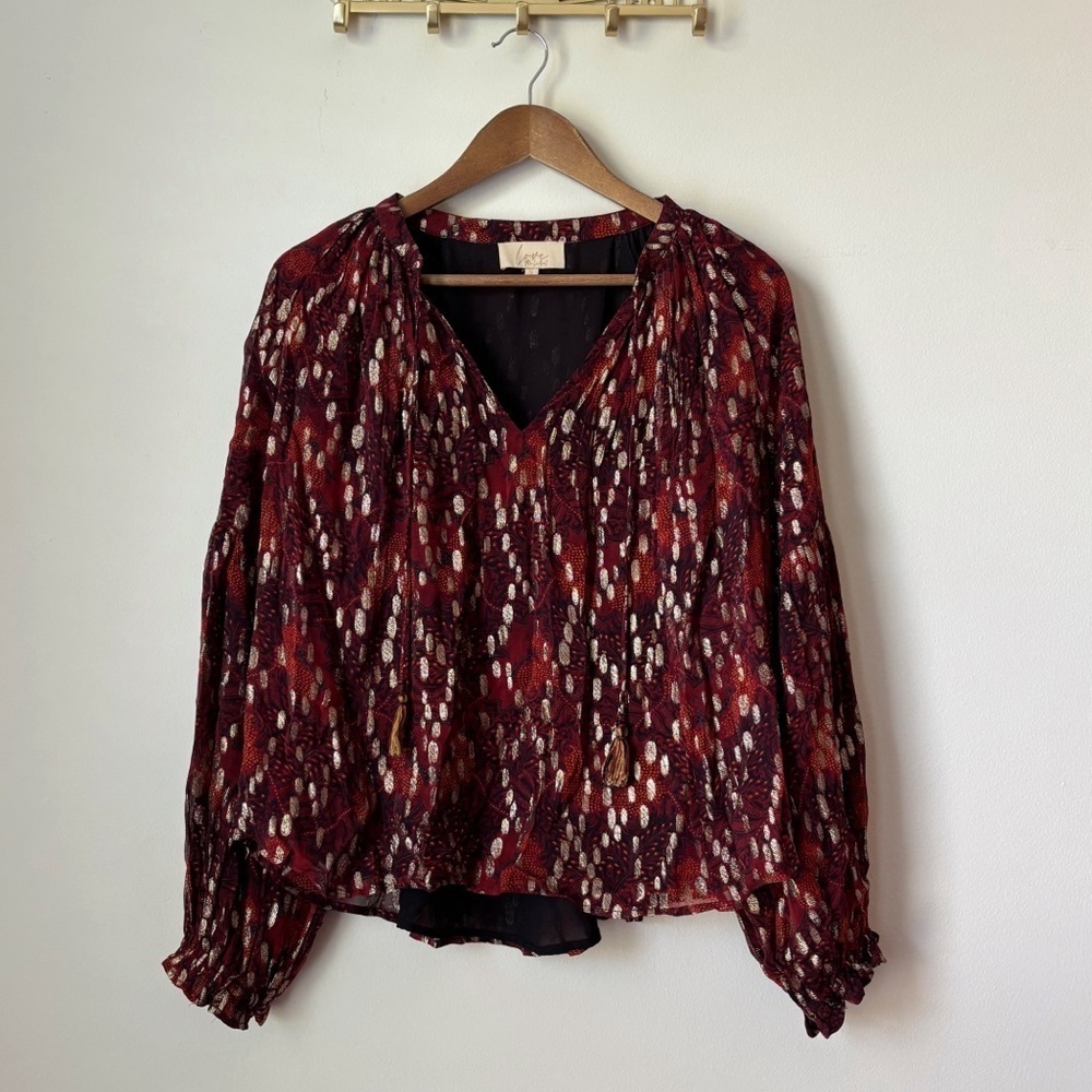 Love the Label Burgundy Metallic Balloon Sleeve Jane Peasant Blouse Small
